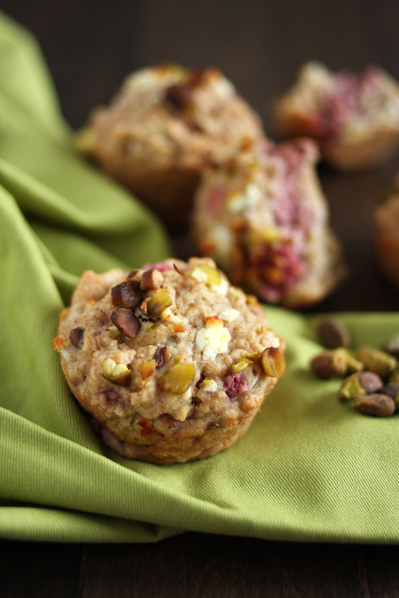 Raspberry Goat Cheese Savory Muffins // 24 Carrot Life #wholewheat #pistachios
