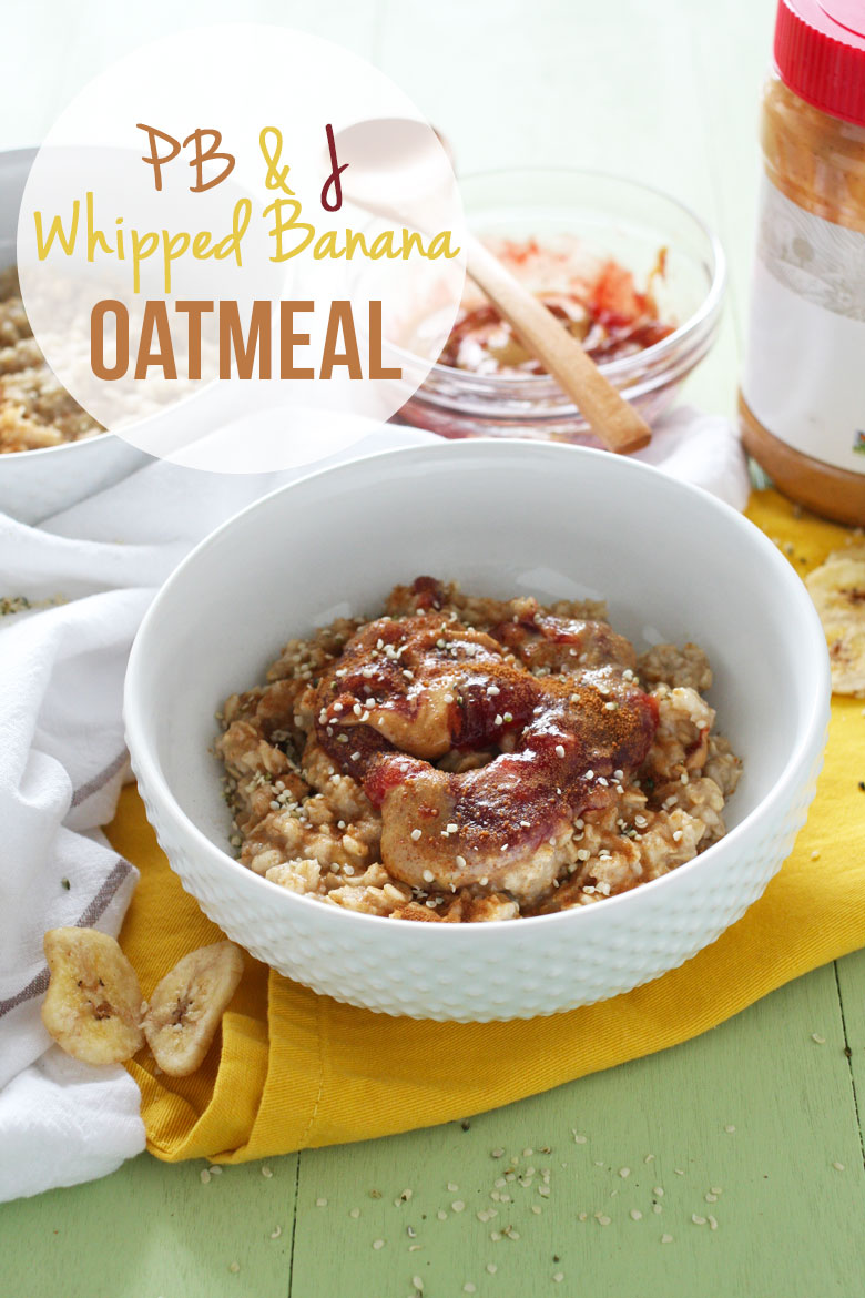 PB & J Whipped Banana Oatmeal // Oats whipped with ripe banana and topped with peanut butter and jelly swirl // 24 Carrot Life